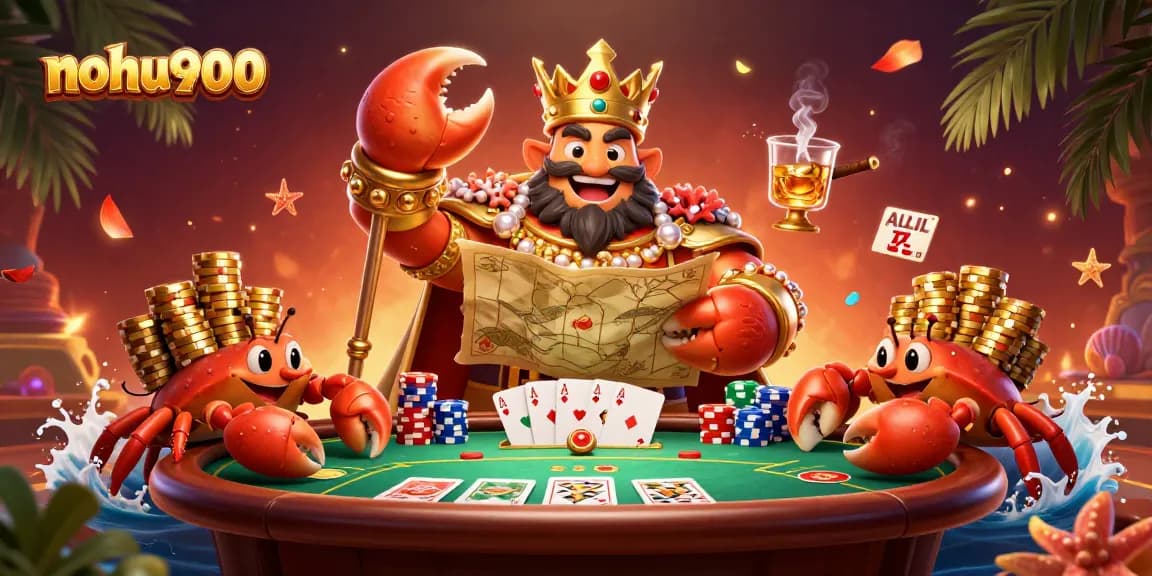 Join the fun at nohu900 with a golden crab emperor overseeing a vibrant poker scene.