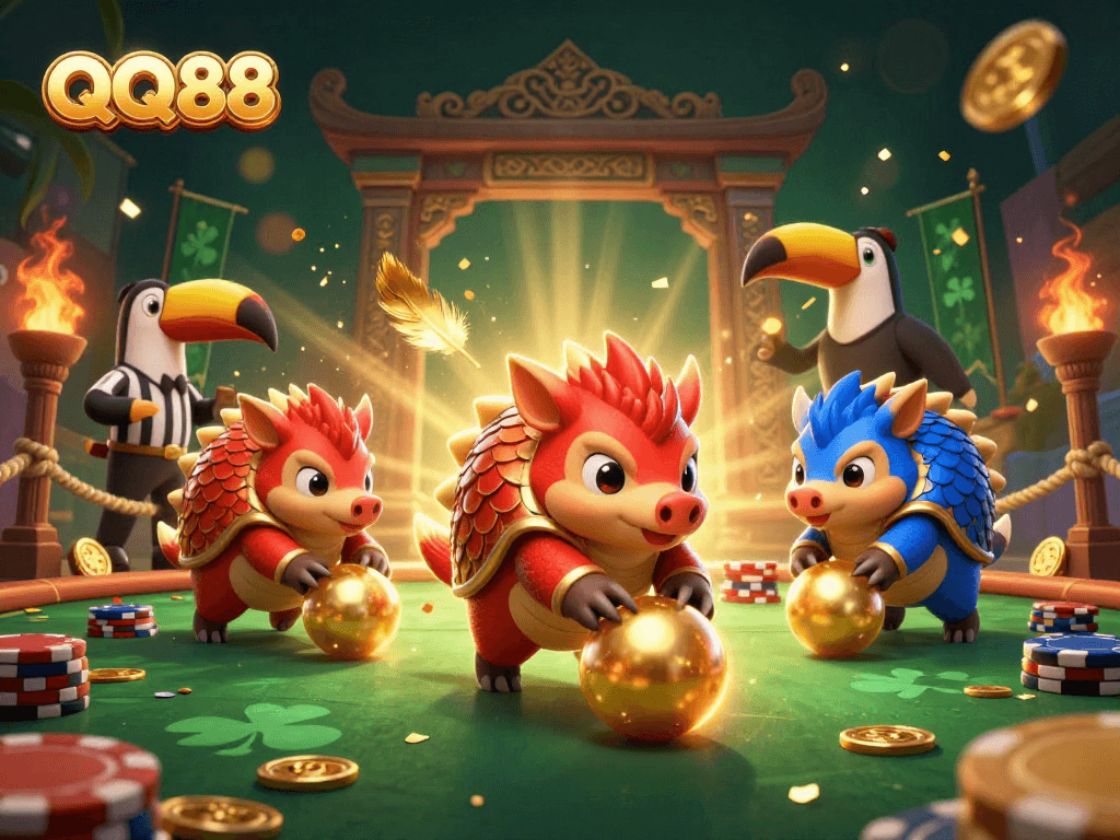 Experience thrilling gameplay at QQ88 with colorful pangolins in a dynamic casino setting.
