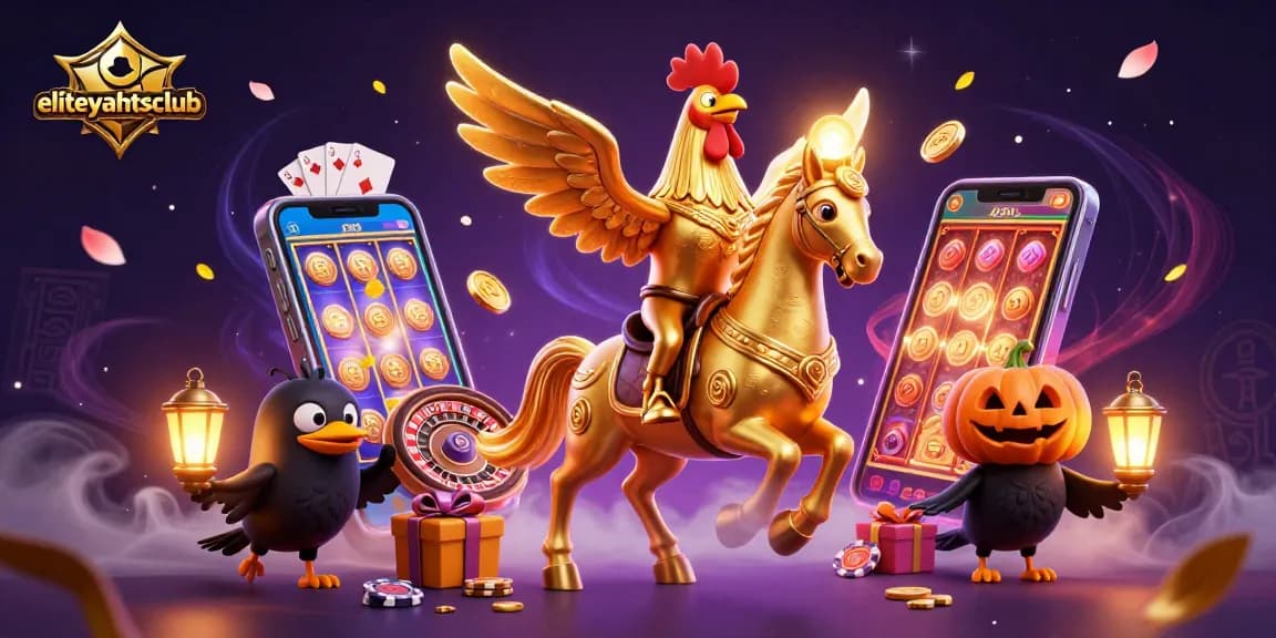 Engage with eliteyachtsclub at the vibrant casino adventure with a golden rooster and exciting games.