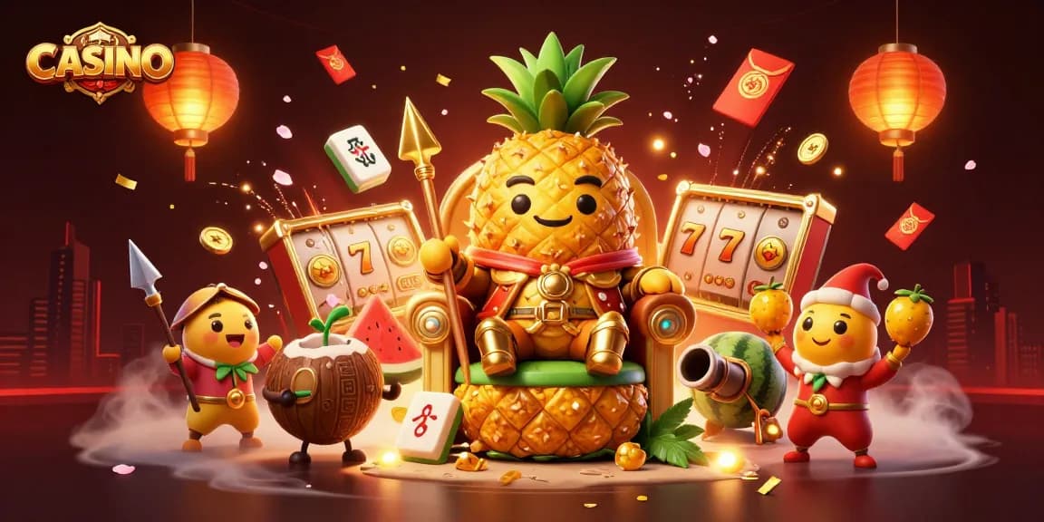 Experience thrilling CASINO action with a vibrant 3D illustration of our golden pineapple king in a dynamic scene.