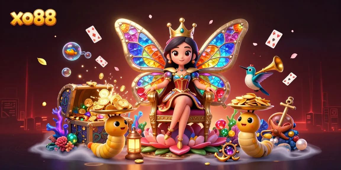 Engage in thrilling games at xo88 with a vibrant 3D casino illustration showcasing a butterfly queen and treasures.