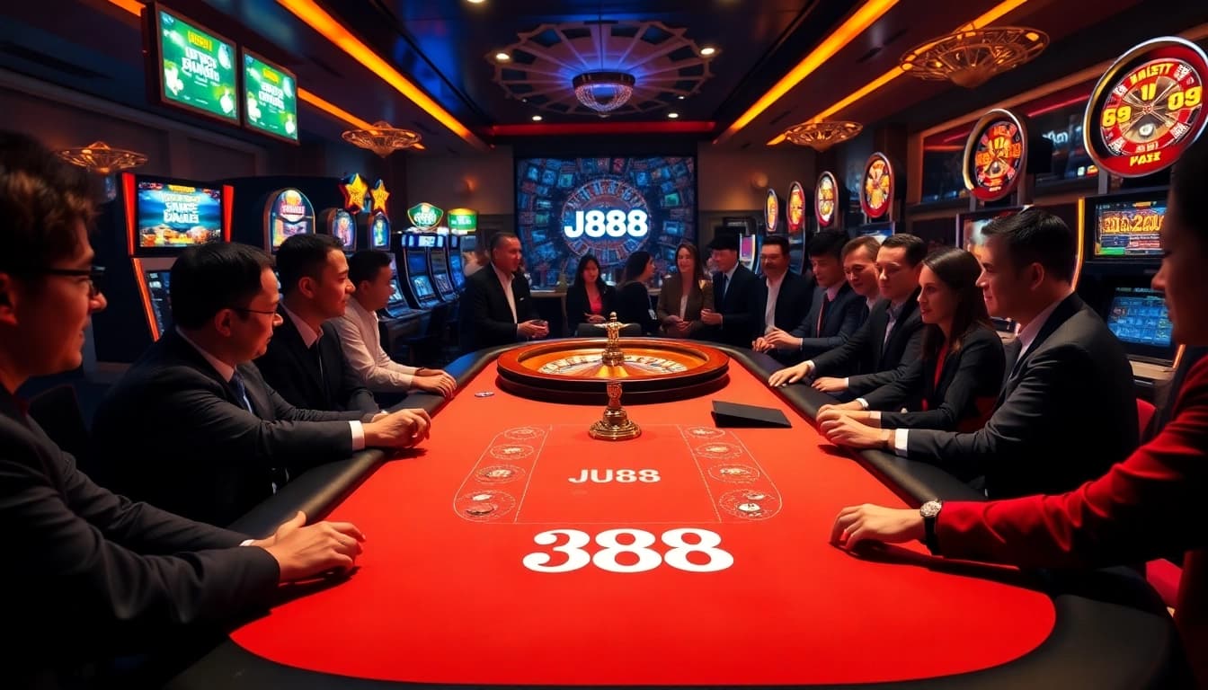 Experience the thrill of playing at J88 with vibrant casino tables and excited players.