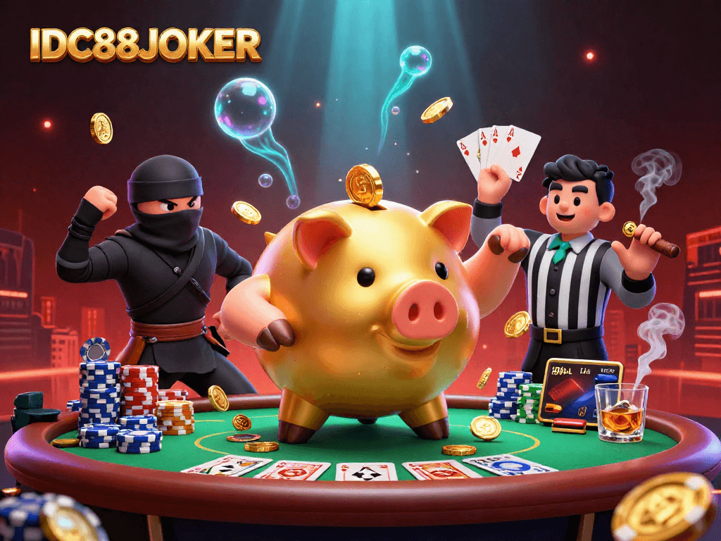 Spin to win at IDC88JOKER in a thrilling casino scene with 3D characters and dynamic game elements.