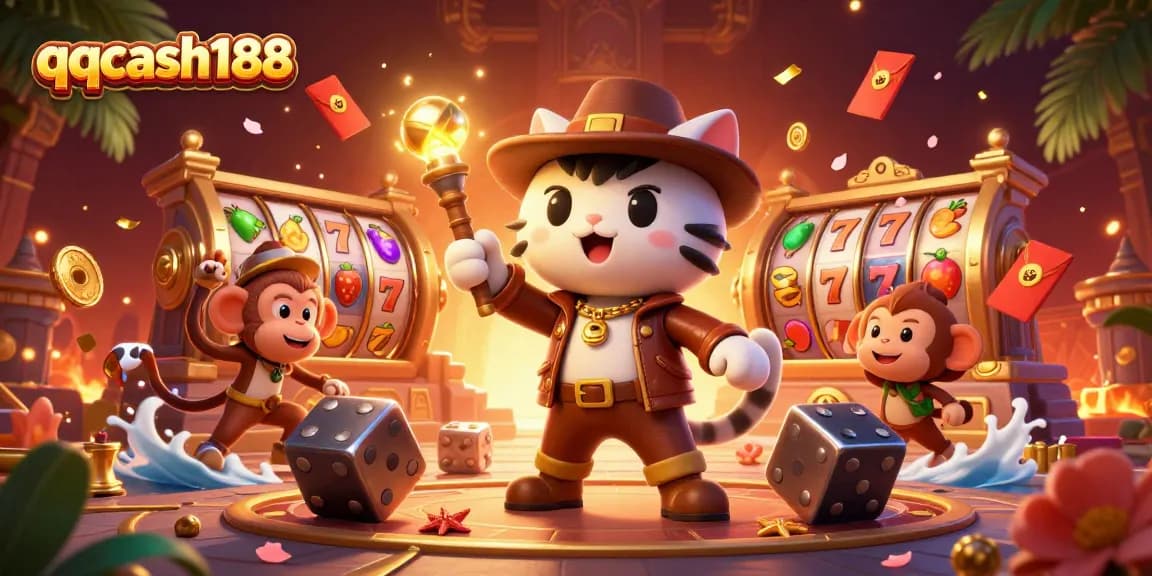 Engage in thrilling gameplay at qqcash188 with cartoon explorer cat discovering golden casino artifacts amidst vibrant gaming elements.
