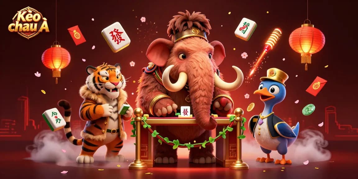 Kèo châu Á showcases a vibrant 3D casino scene with unique characters and festive decorations.
