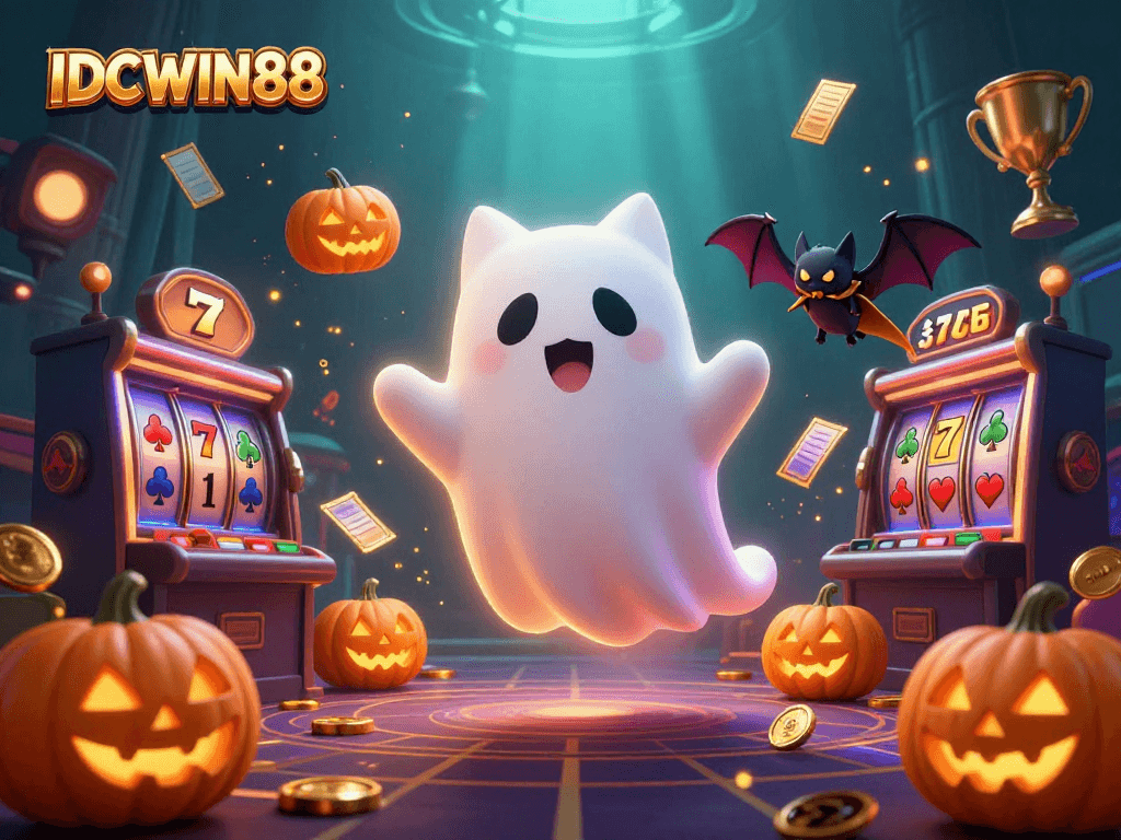 Join the fun at IDCWIN88, where ghost cats and slot reels create an exciting casino atmosphere.