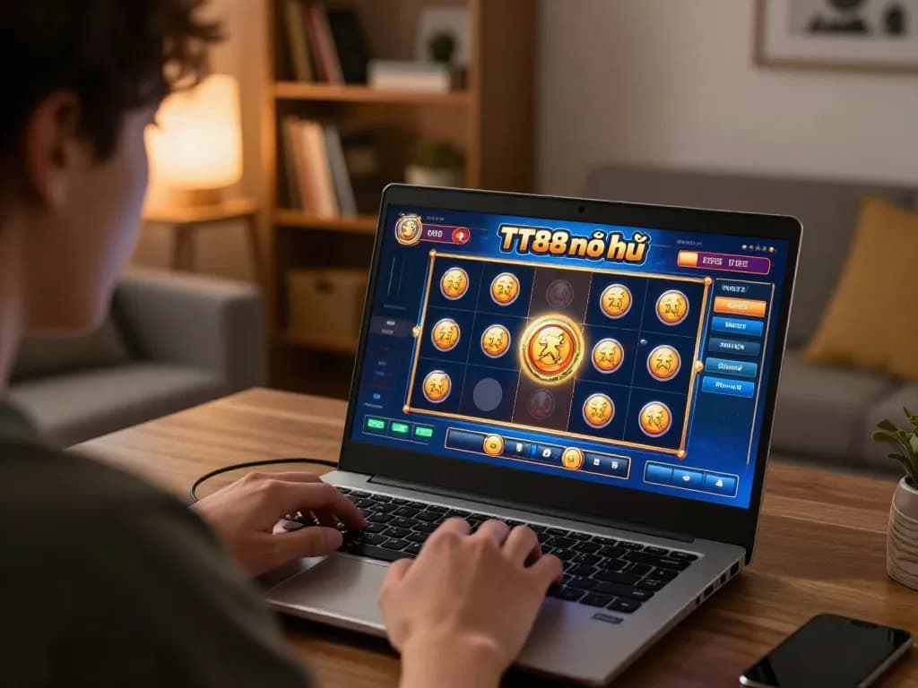Engaging game scene of a player enjoying TT88 nổ hũ, demonstrating excitement during slot gameplay.