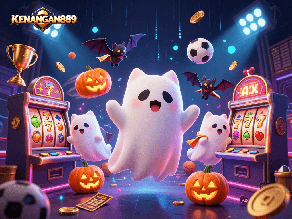Engage with KENANGAN889 in this vibrant 3D casino scene filled with excitement and iconic characters.