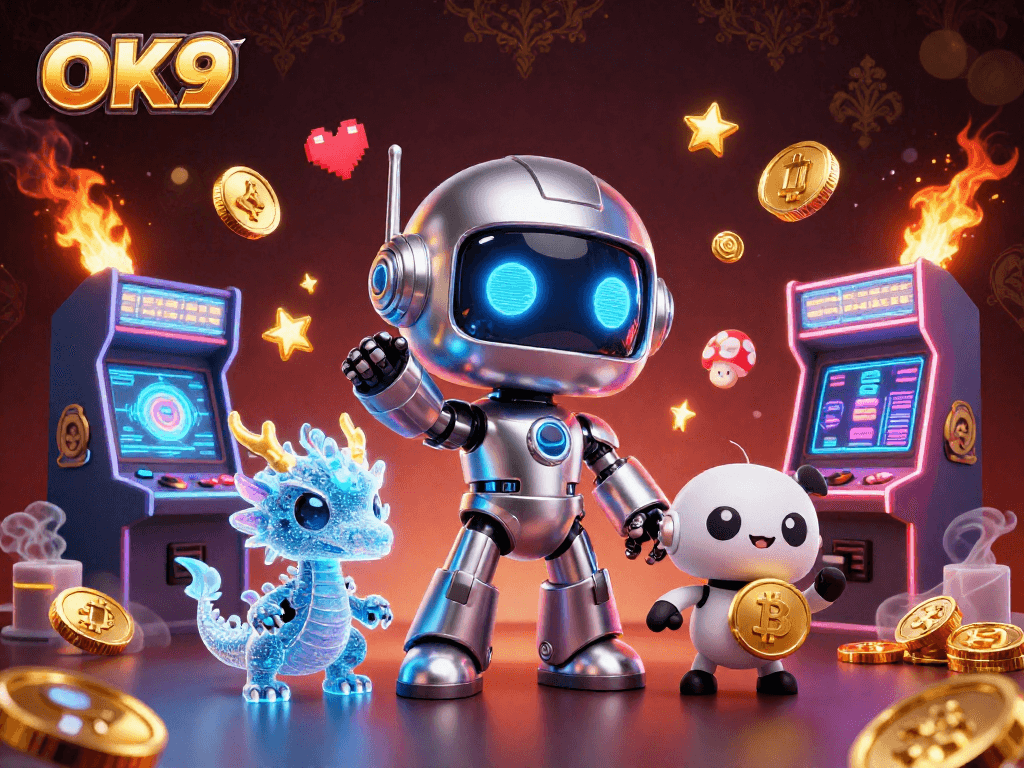 Experience the excitement of OK9 with lively casino games and vibrant characters.