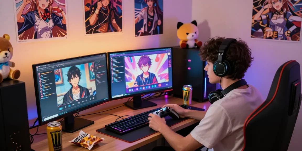Engaged gamer interacting with an ecchi bot on Discord amid vibrant gaming setup.