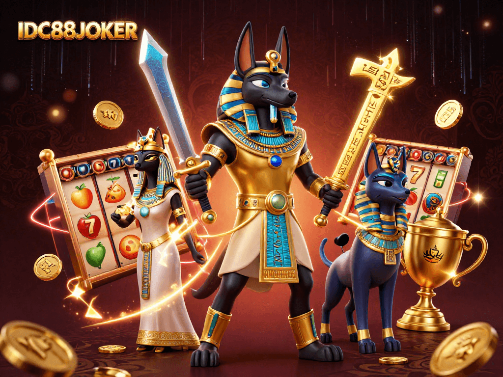 Experience thrilling gameplay with IDC88JOKER, showcasing an Egyptian warrior and vibrant slot reels.