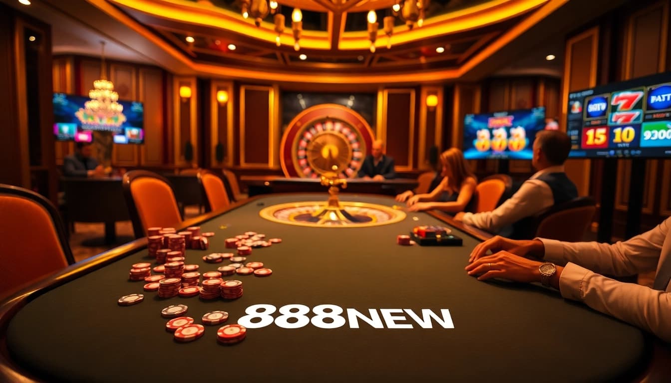 Exciting poker game at 888NEW casino with vibrant chips and roulette wheel.