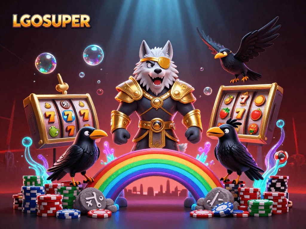 Play exciting slots at LGOSUPER with a vibrant 3D illustration showcasing Norse characters and jackpot elements.