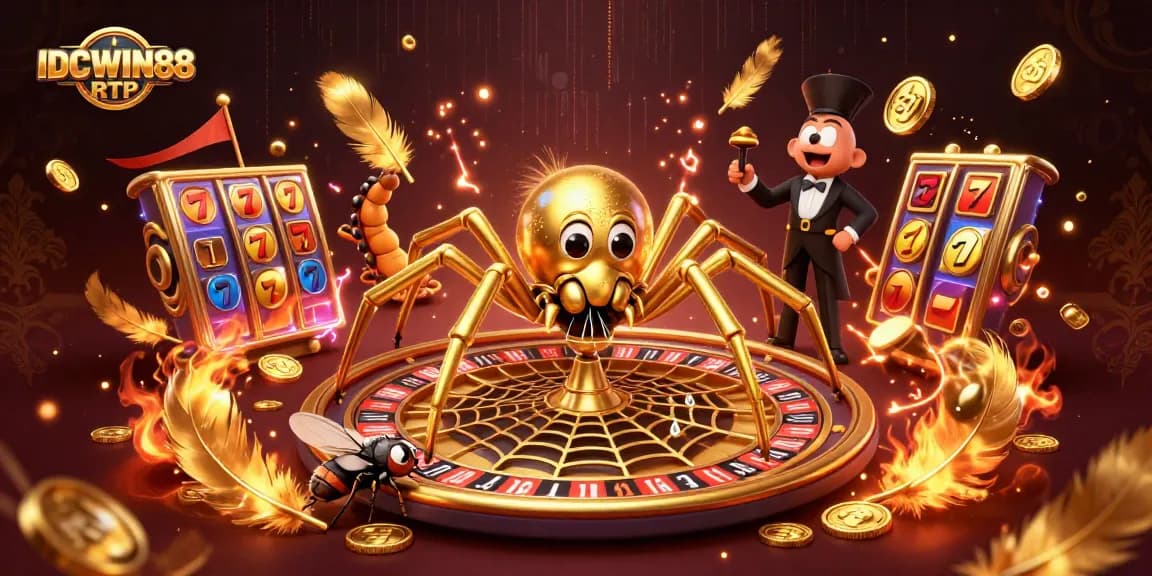 Experience the excitement of IDCWIN88 RTP with a dynamic casino scene featuring a roulette wheel and animated characters.