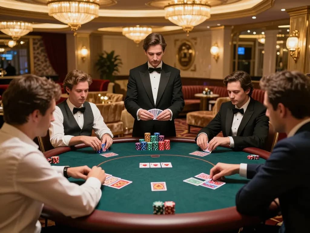 Bongdalu VIP players savoring high-stakes poker in an exclusive casino lounge, surrounded by luxury decor.