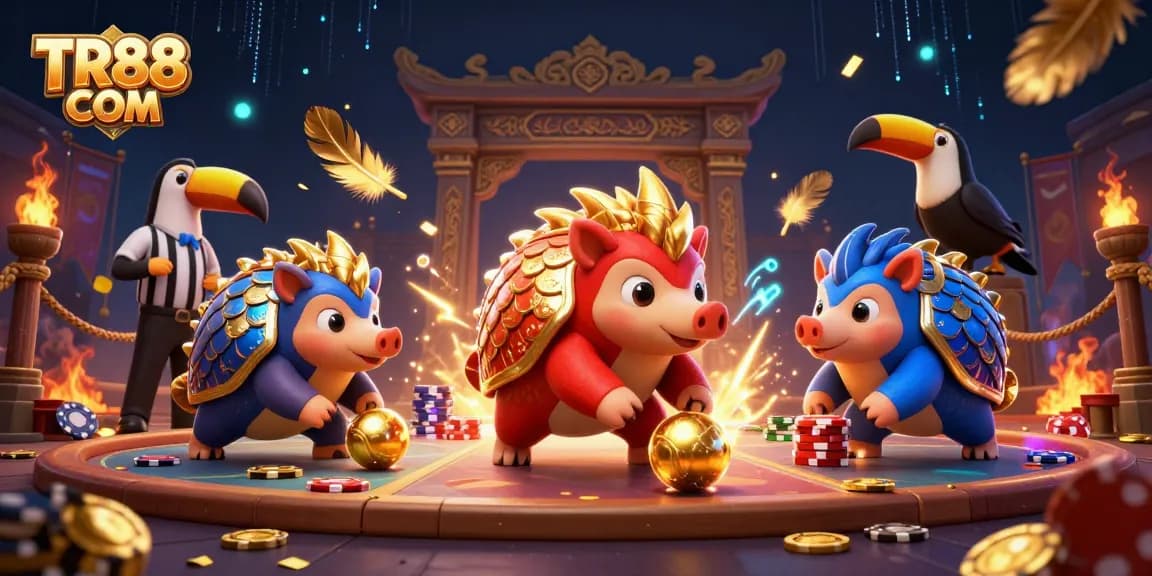 Experience thrilling action at TR88 COM as cartoon pangolins battle through casino-themed challenges, showcasing vibrant scenes.