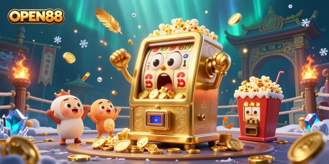 Experience the excitement of OPEN88 as the golden slot machine hits the jackpot, surrounded by celebrating characters and vibrant casino elements.