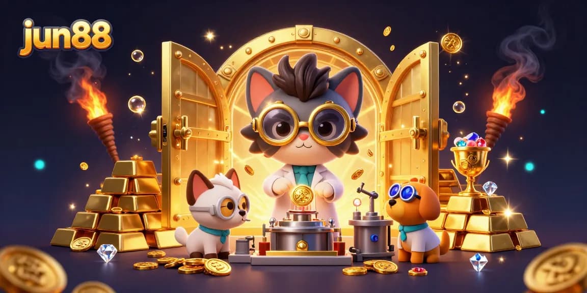 Experience thrilling gaming action with jun88 at an exciting cartoon casino scene featuring a mad scientist cat.