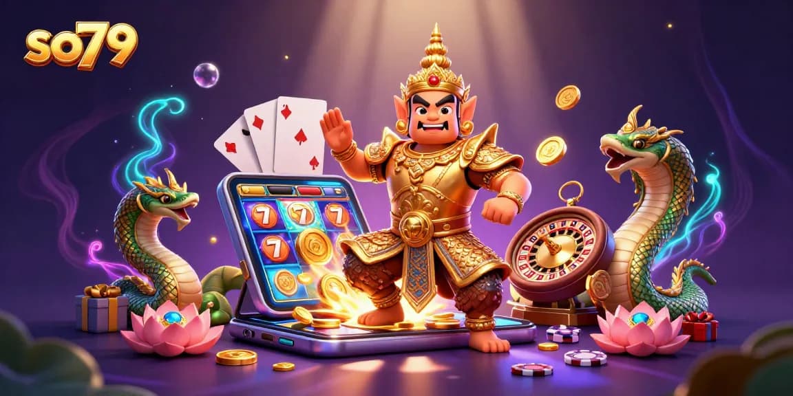 Experience the vibrant gaming world of so79 with a friendly yaksha guardian amidst dazzling slot games and golden treasures.