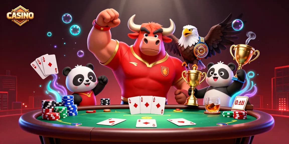 Enjoy the excitement at this CASINO with a joyful bull mascot and friends celebrating winnings.