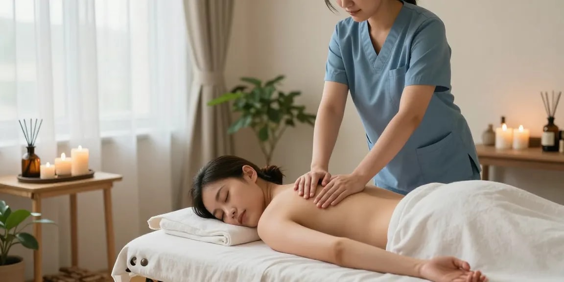 Relaxing scene of a therapist providing 일산출장마사지 in a serene wellness atmosphere with calming decor.