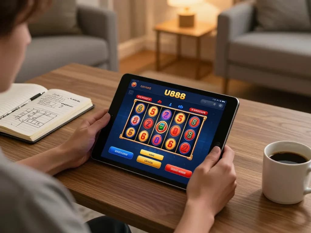 Player enjoying U888 casino app on tablet at home, showcasing responsible gaming.