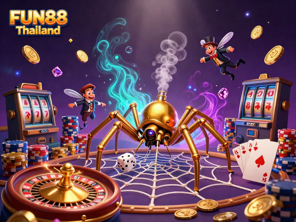 Experience excitement at FUN88 Thailand with a vibrant 3D illustration showcasing gaming elements and characters.