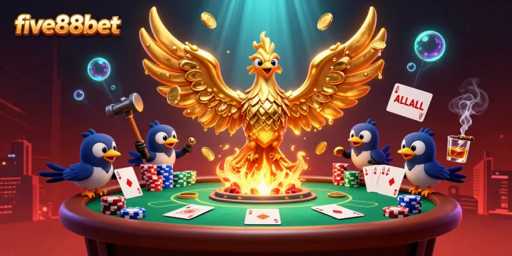 Experience the excitement of five88bet with a molten golden phoenix and dynamic poker scene.