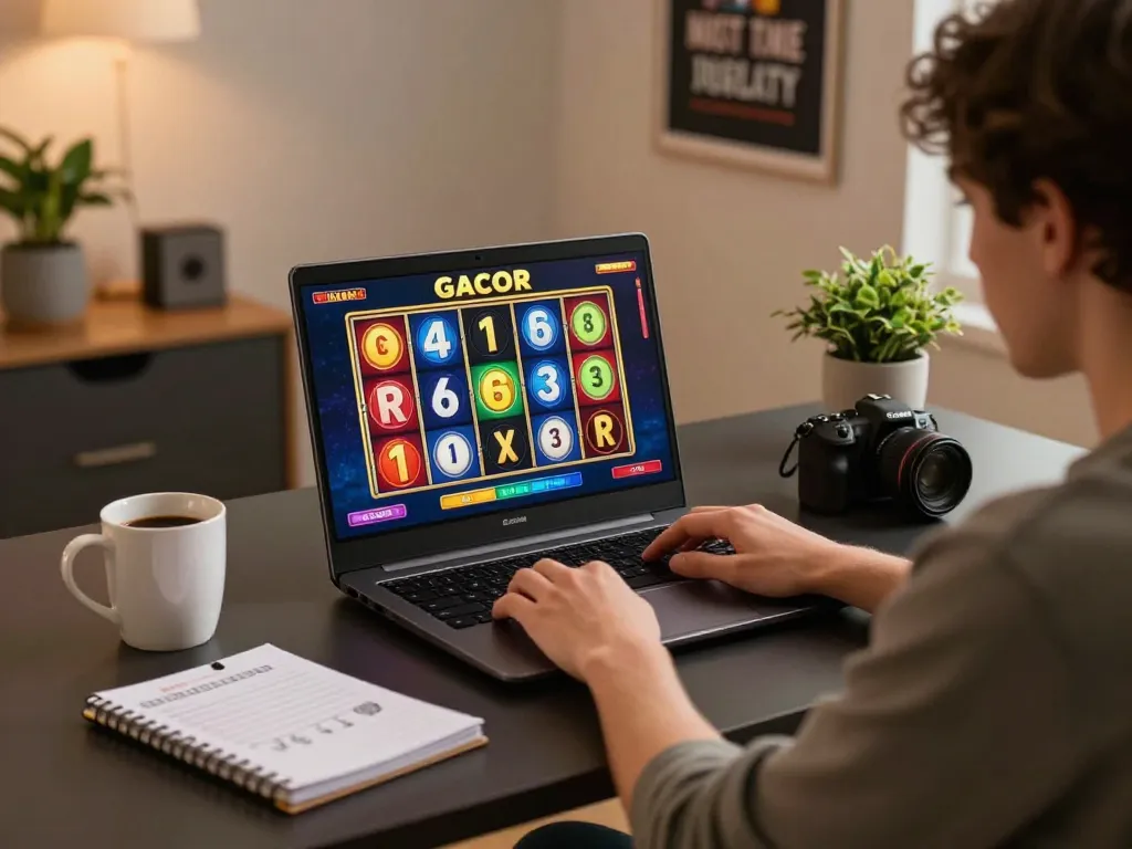 Engaging slot gacor gameplay on a laptop, showcasing vibrant reels and strategic notes.
