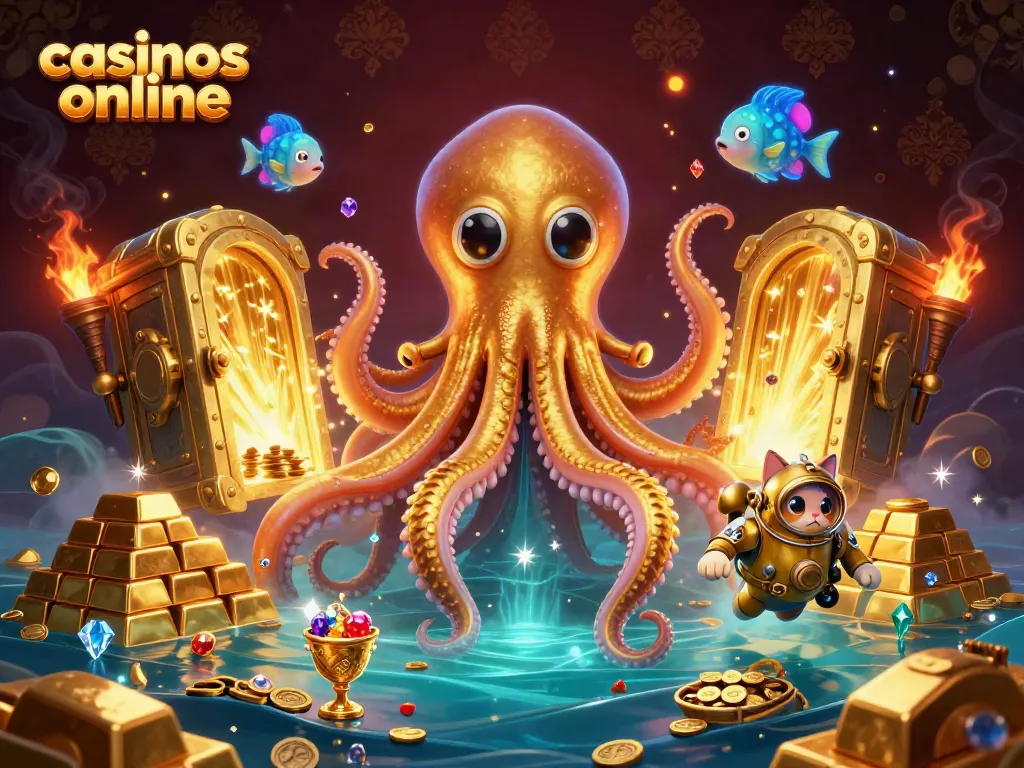 Explora casinos online con el kraken y un gato buzo en una escena iluminada de tesoros.