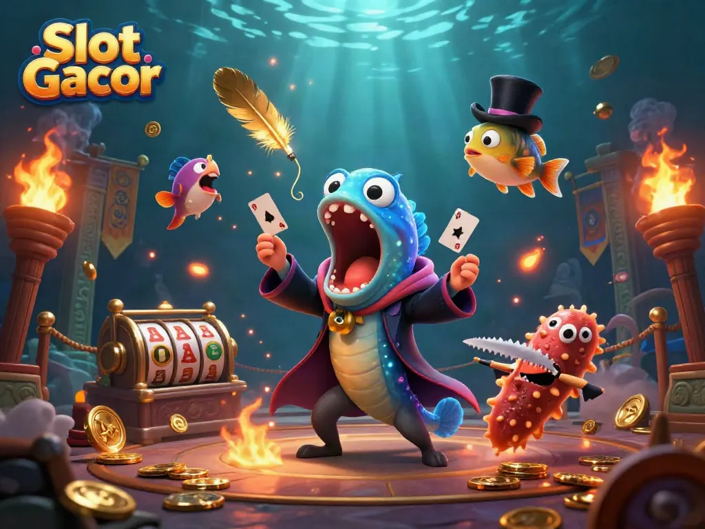 Experience Slot Gacor magic as a bioluminescent eel performs card tricks with engaging casino elements.