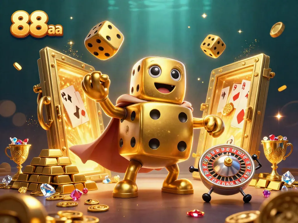 Experience thrilling fun at 88 aa with vibrant golden dice and casino treasures cascading.