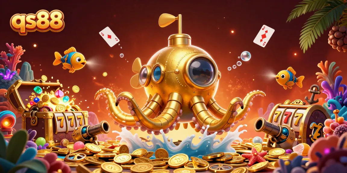 Experience the thrill of qs88 with a vibrant 3D scene featuring a golden kraken swimming through coins and slot reels.