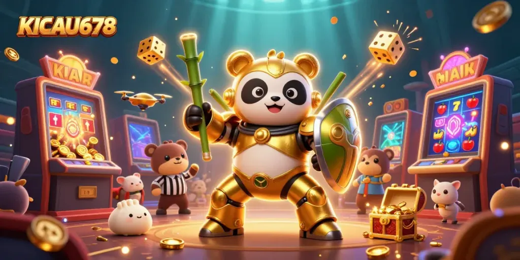 KICAU678 offers an exciting gaming experience with a golden panda, dynamic slot machines, and vibrant visuals.