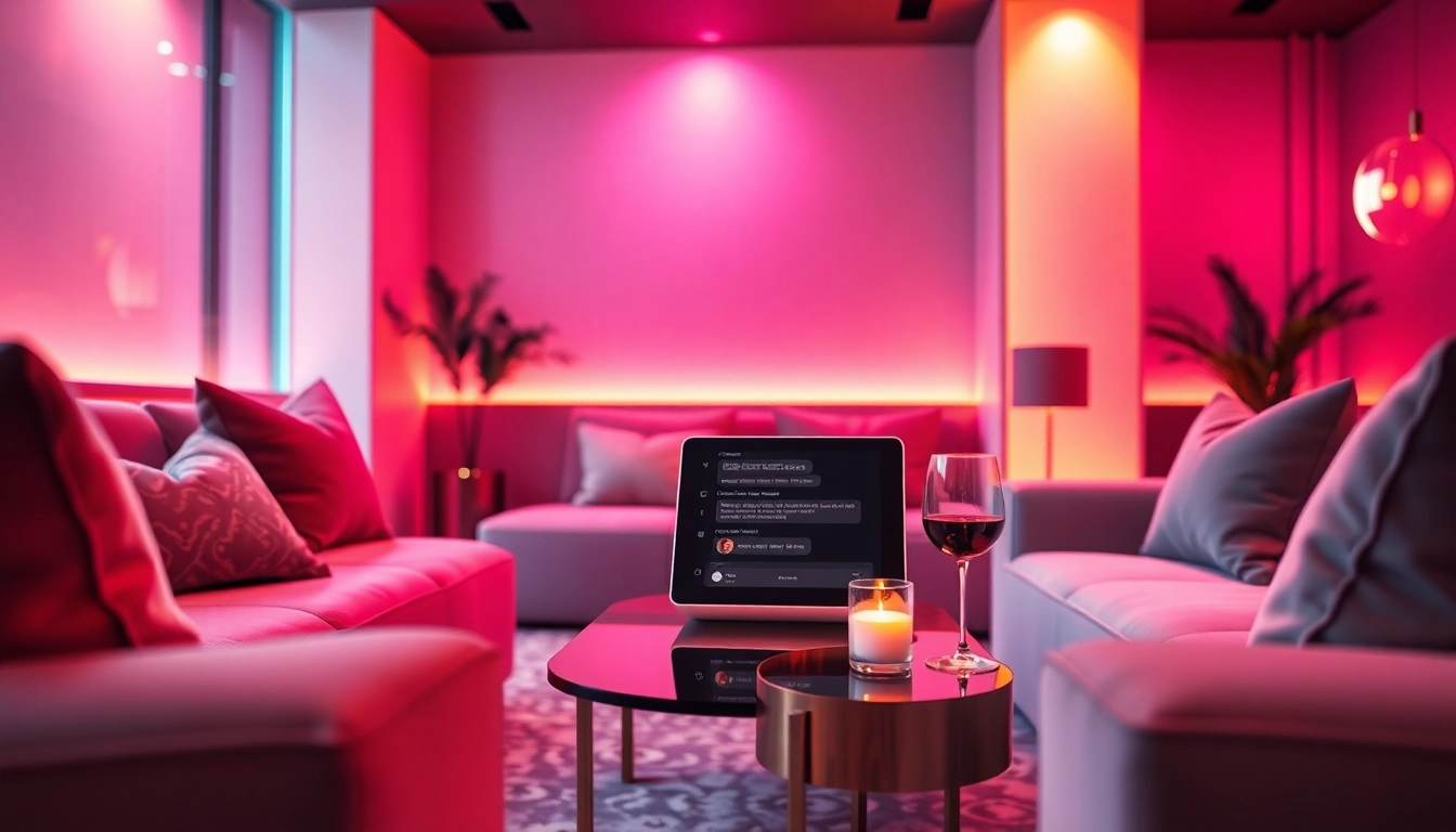 Intimate lounge area showcasing AI sexting interactions through a digital device, warm romantic setting.