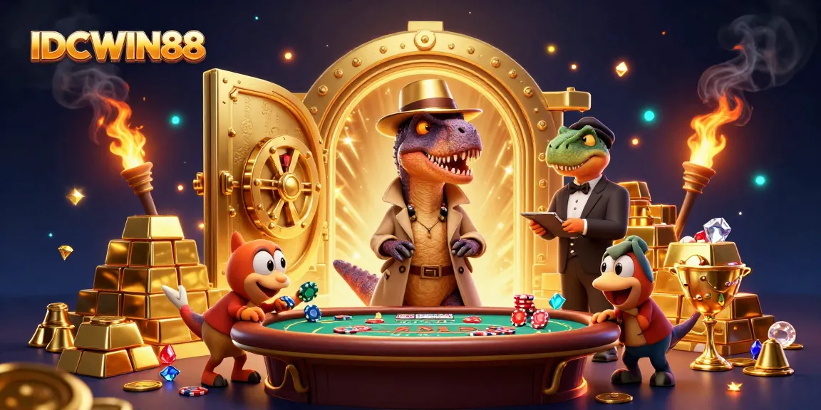 IDCWIN88 brings an exciting scene with a velociraptor card counter, stegosaurus pit boss, and compy pickpocket, highlighting thrilling casino action.