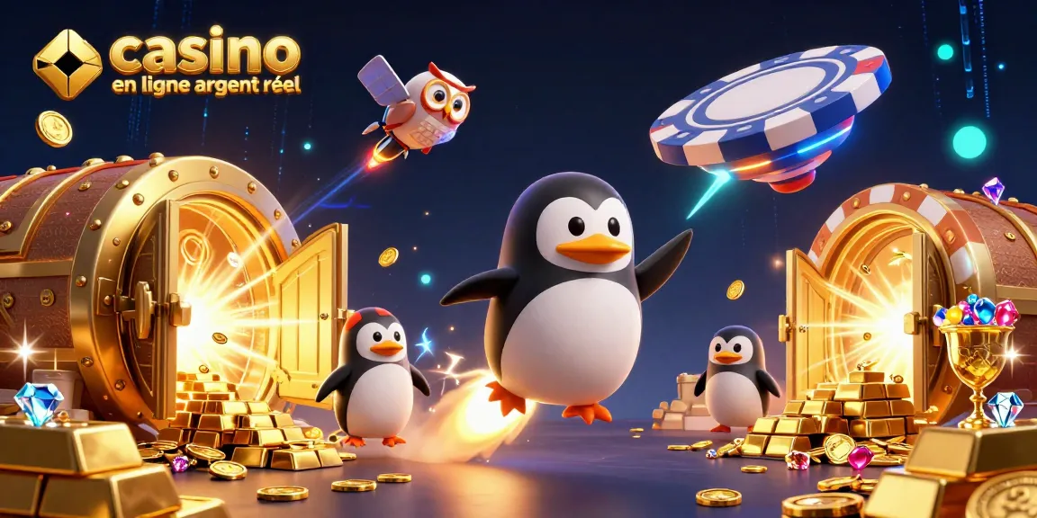 Jouer au casino en ligne argent réel avec un pingouin doré propulsé par une fusée dans un univers scintillant.