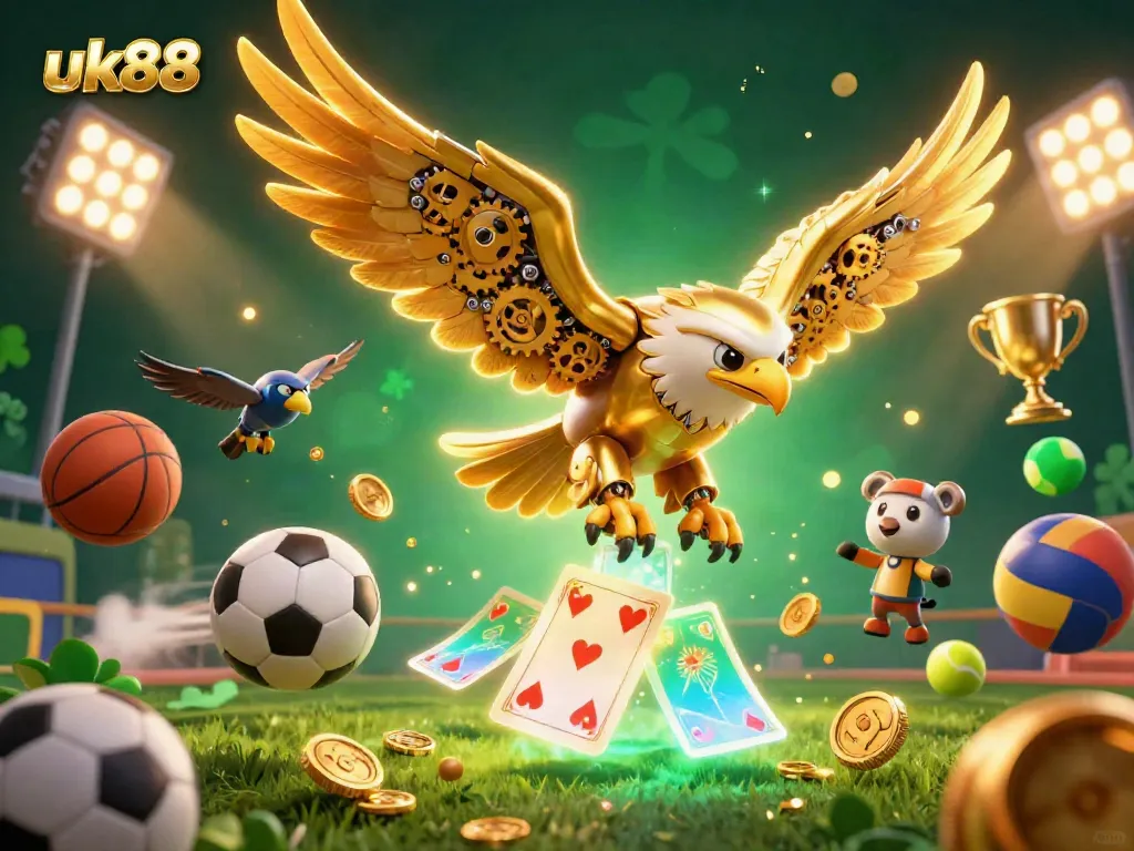 Experience dynamic sports betting action with the vibrant imagery of uk88, featuring holographic cards and a golden eagle.