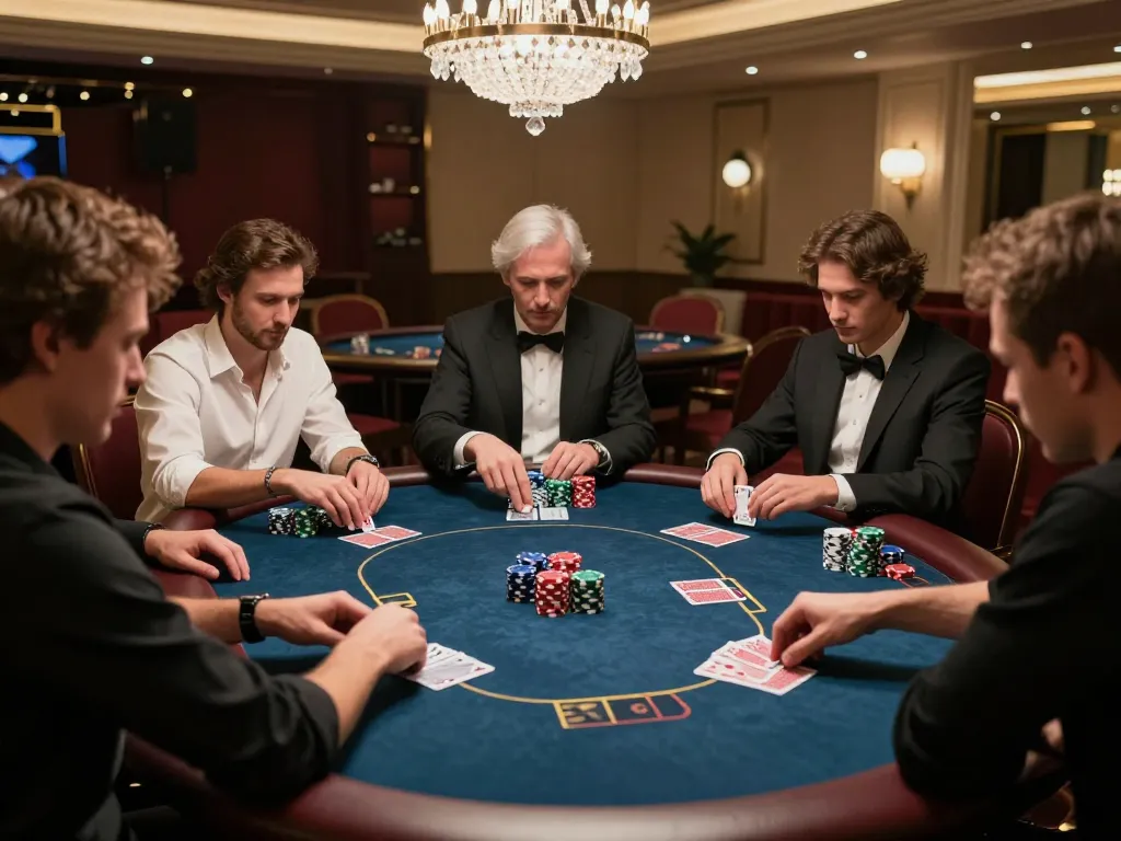 Players placing bets in a thrilling poker game at 789BET's upscale casino.