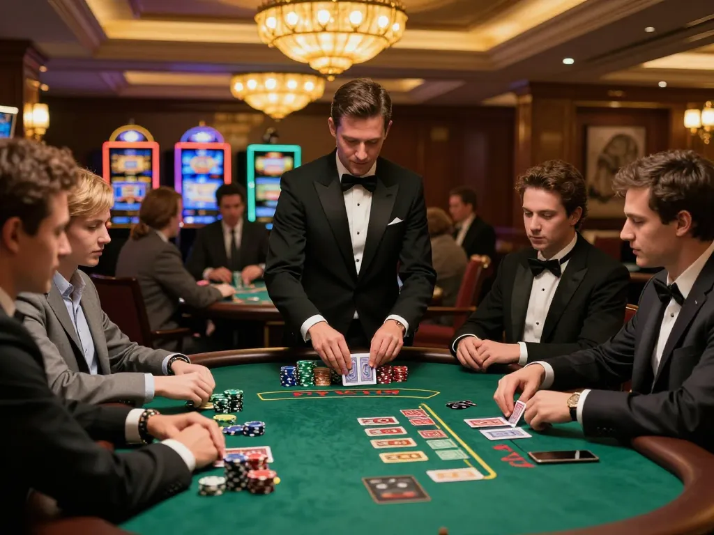 Players engage in thrilling blackjack game at a casino, emphasizing strategy and excitement of 5679.
