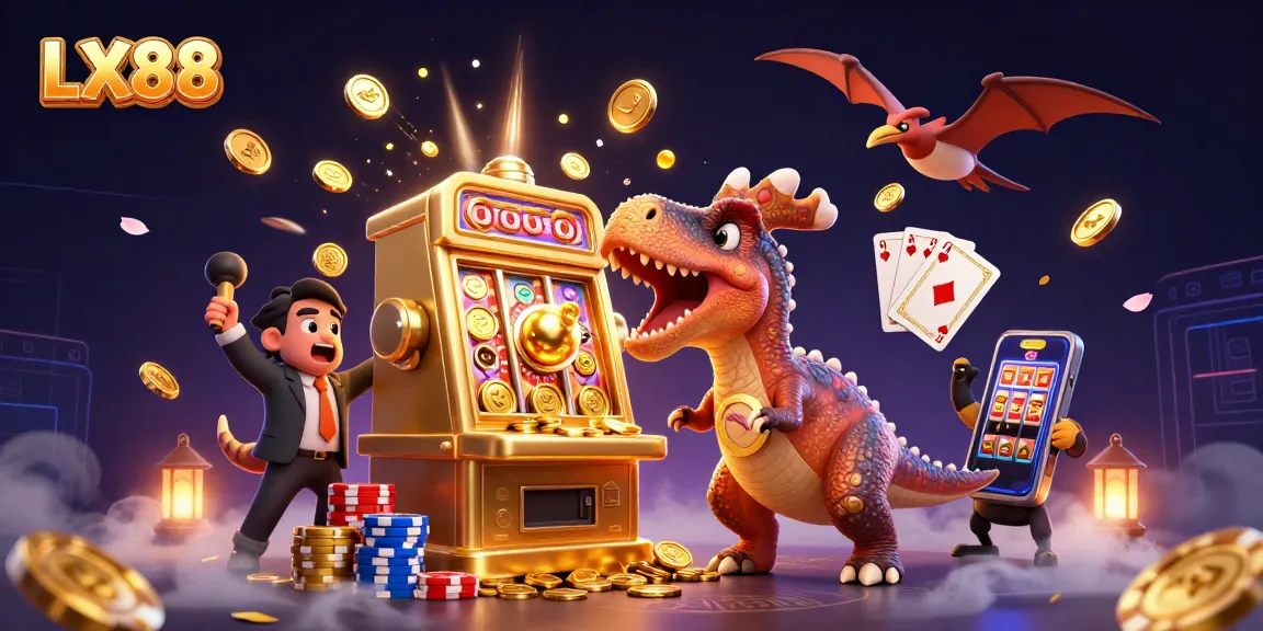 LX88 casino scene with a dinosaur hitting a jackpot slot, surrounded by coins and vibrant gaming elements.