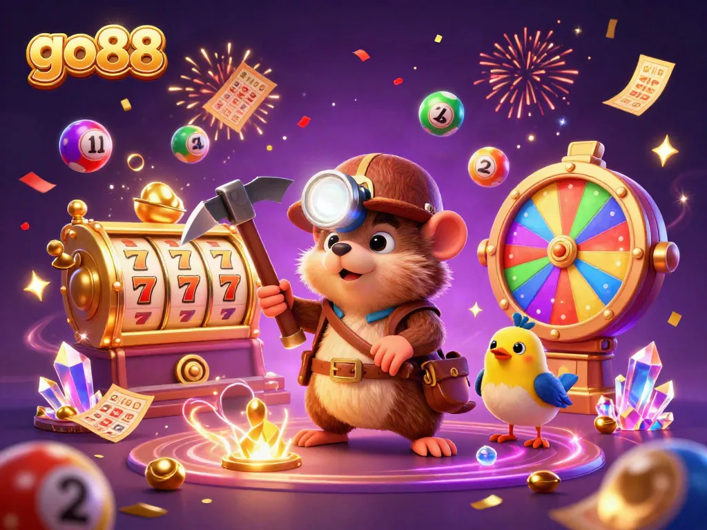Go88 casino scene featuring a treasure-hunting mole and vibrant gaming elements celebrating big wins.