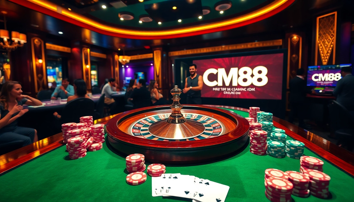 Exciting gameplay at CM88 casino with a roulette wheel and vibrant poker chips.