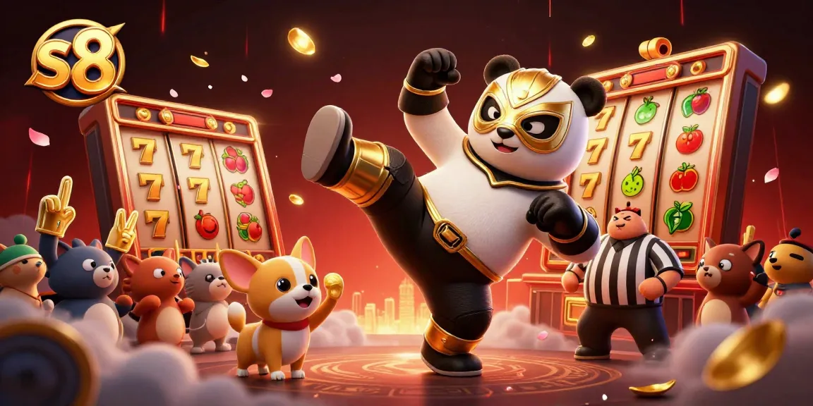 S8 players enjoying jackpot slots with vibrant scenes of a panda wrestler and excited spectators