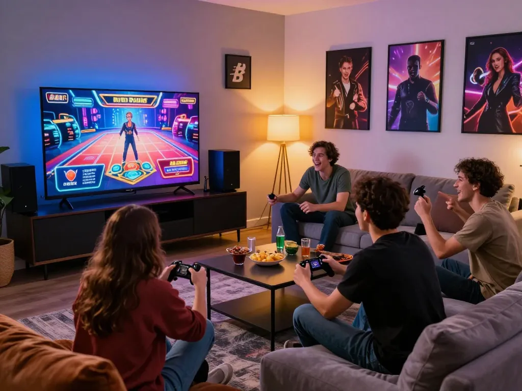 Players experiencing excitement in the 789club gaming scene at home with vibrant decor and snacks.
