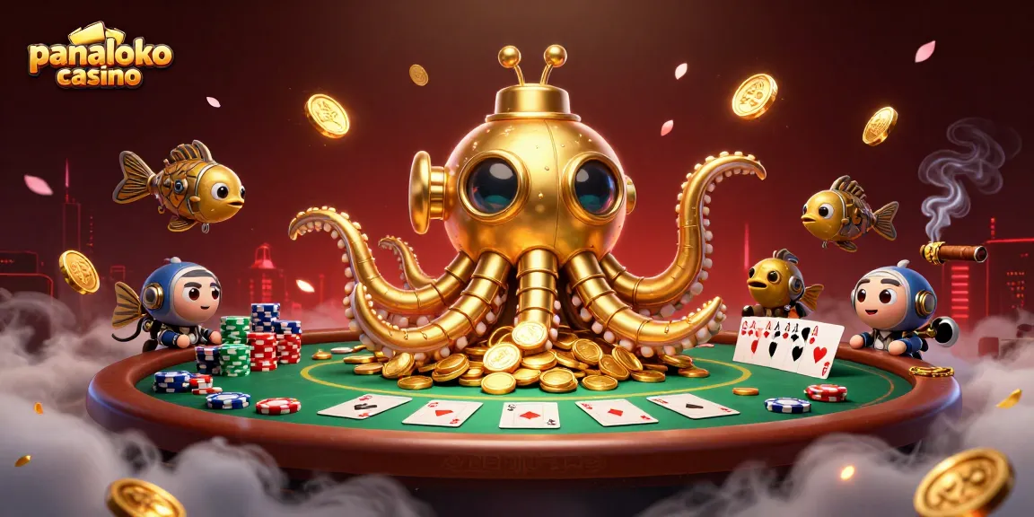 Panaloko casino showcasing a golden kraken surfacing in coins with poker elements, enticing gamers.