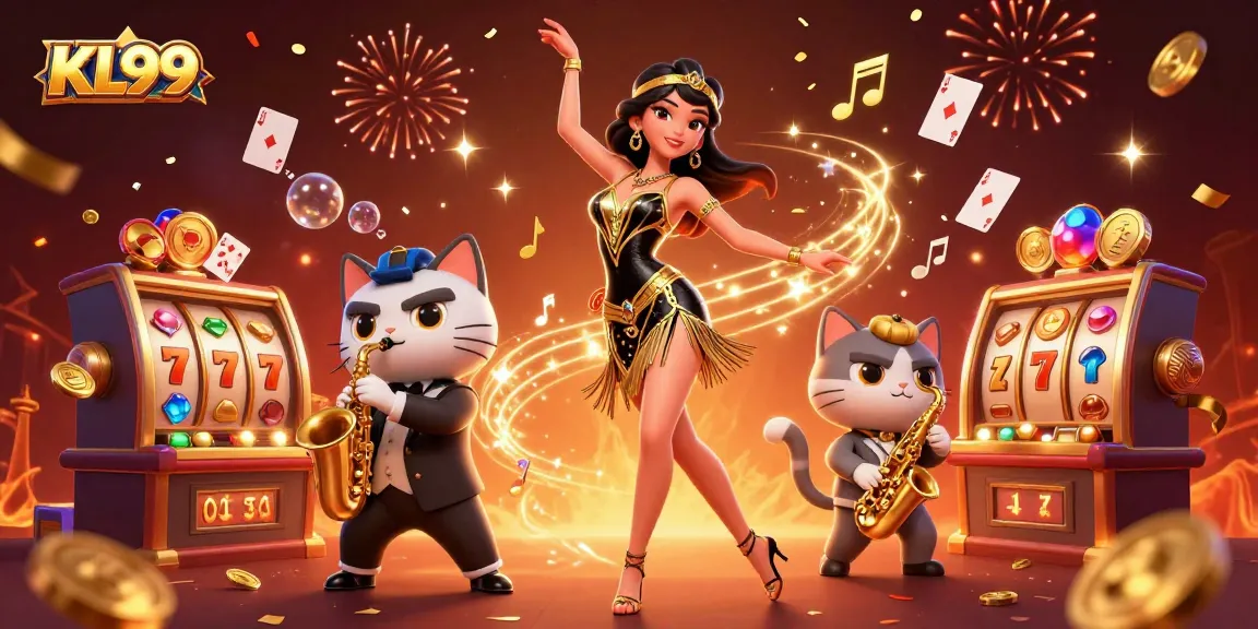 Experience the excitement of KL99 with vibrant scenes of slots, jackpots, and a musical celebration.