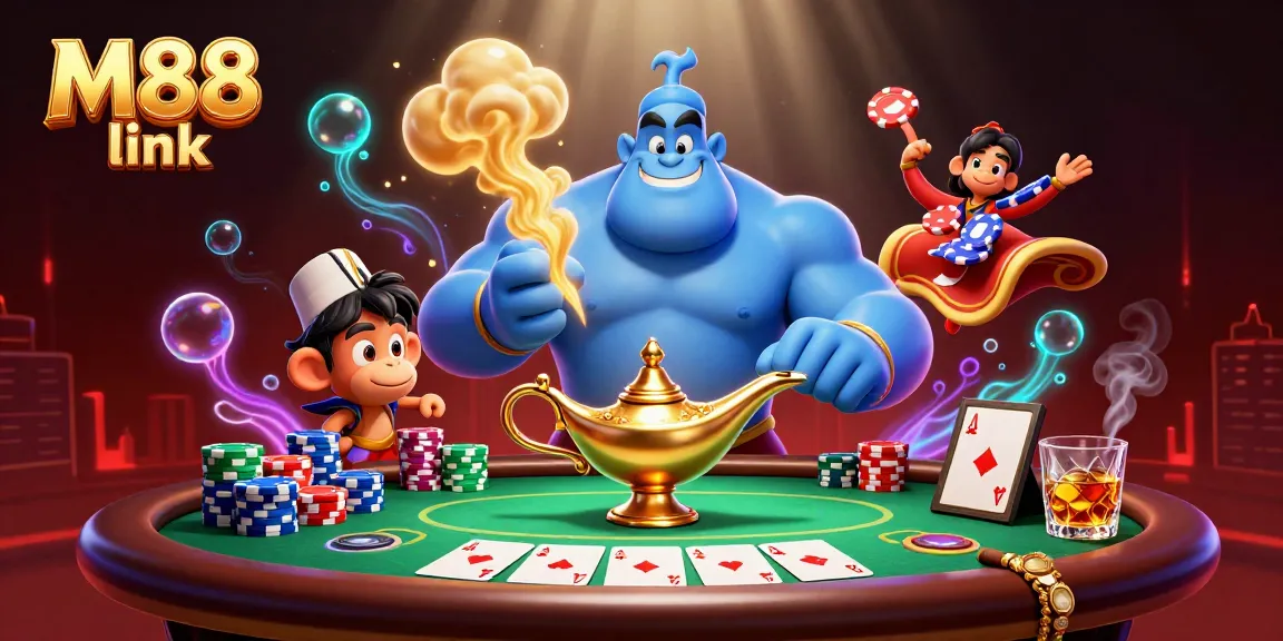 Experience the excitement of M88 link with a vibrant casino scene brimming with poker elements.