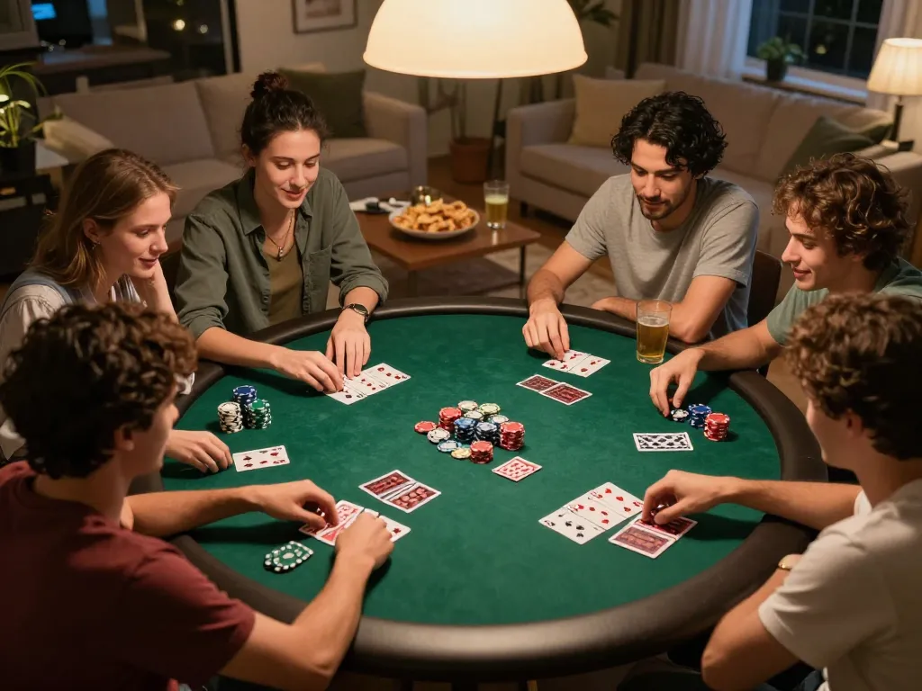 Friends enjoying poker at home, showcasing strategic gameplay on lc88.com in a cozy setting.