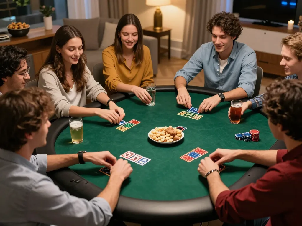 Players enjoying a poker night at home while engaging with nhatvip com for exciting game strategies.